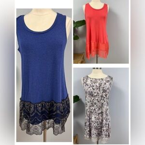 LOGO Lori Goldstein Tank Top Lot of 3 L Blue/Black Lace Trim, Coral, Gray Flower